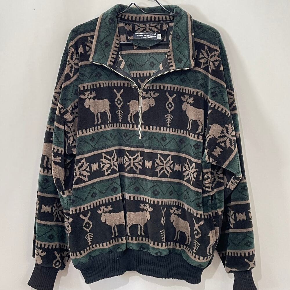 Norm Thompson Velour Pullover Moose Fair Isle 1/2 Zip Sweatshirt Shacket Large - Picture 2 of 12